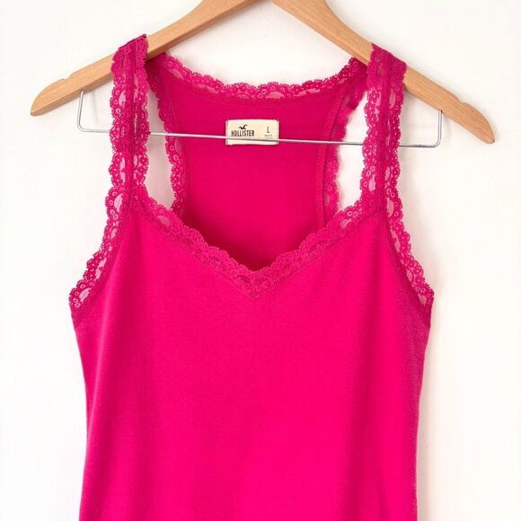 Hollister Y2K Pink Tank Top Lace Trim Coquette Dainty Size L - Picture 2 of 6